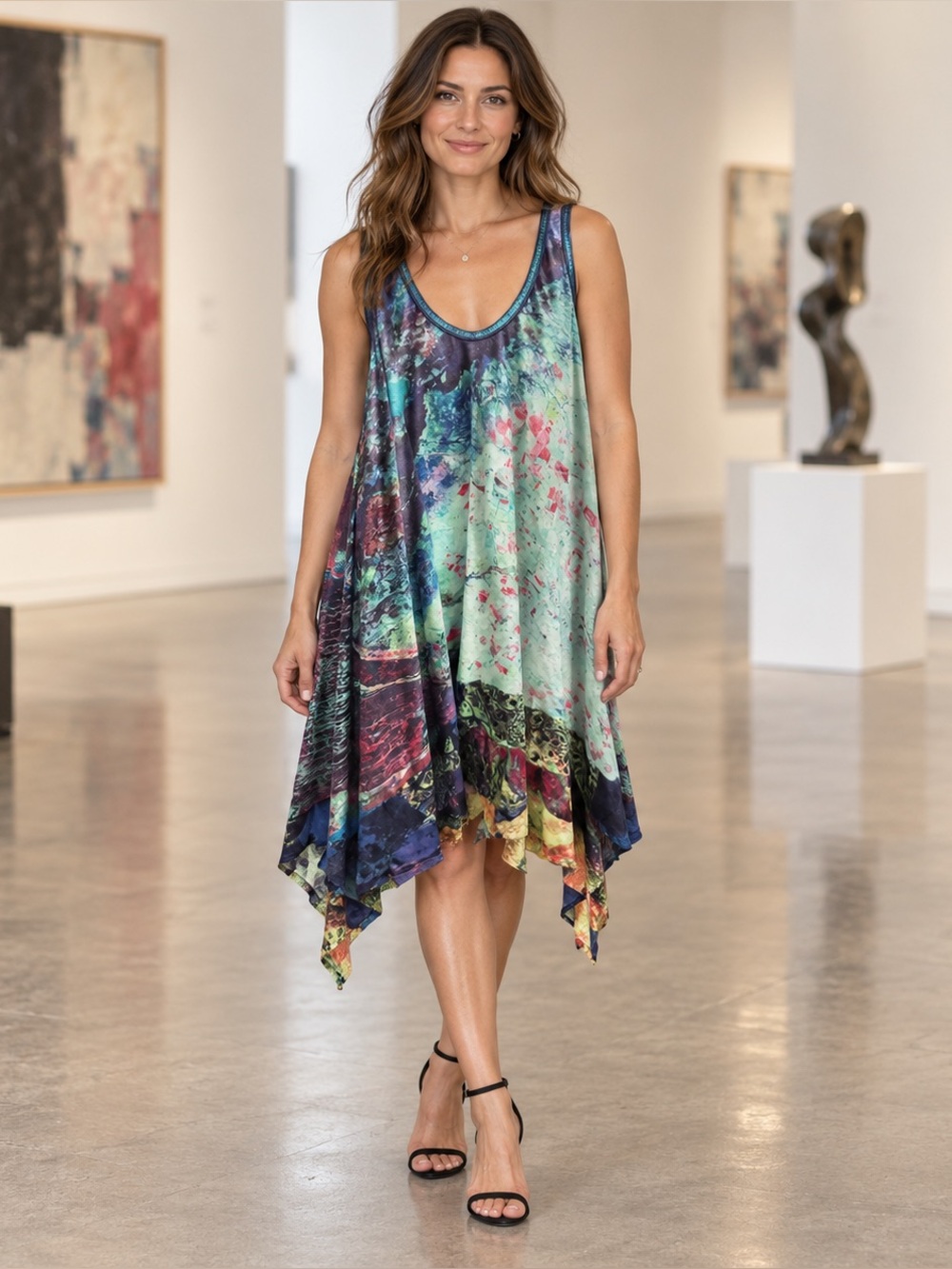 JEN KAO Abstract Print Draped Handkerchief Hem Dress Size 2